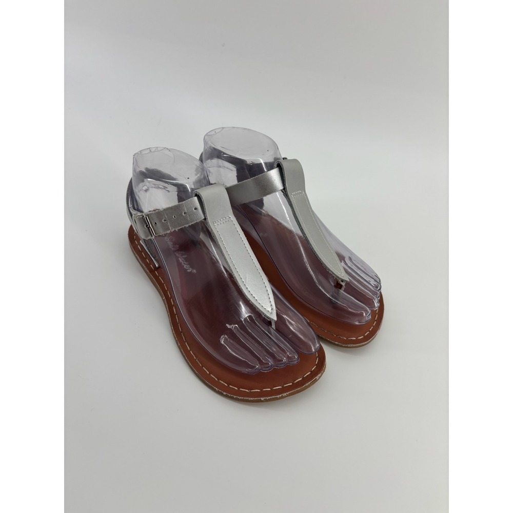 Salt Water Sandals Sun-San T-Thong Metallic Silver Leather Flat Sandals Womens 5